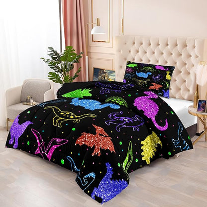 Dinosaur Twin Bedding Set, Cartoon Kids Bedding Dinosaur Twin Size Comforter Set for Boys Teen Soft Breathable Black Dinosaur Comforter Set Twin (1 Comforter 1 Pillowcase)
