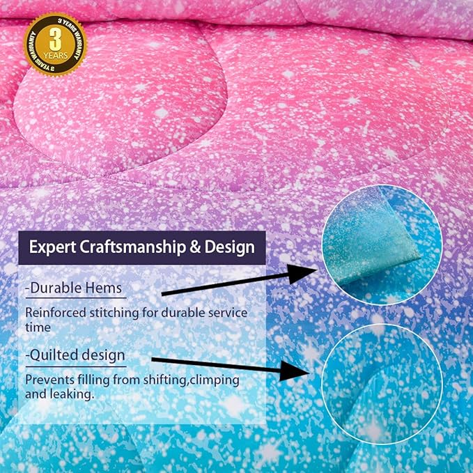 JQinHome Twin Glitter Comforter Sets for Girls, 3D Colorful Duvet Pink Rainbow Themed Bedding, All-Season Reversible Quilted Duvet, for Girls Teen Women - includes 1 Comforter, 1 Pillowcase