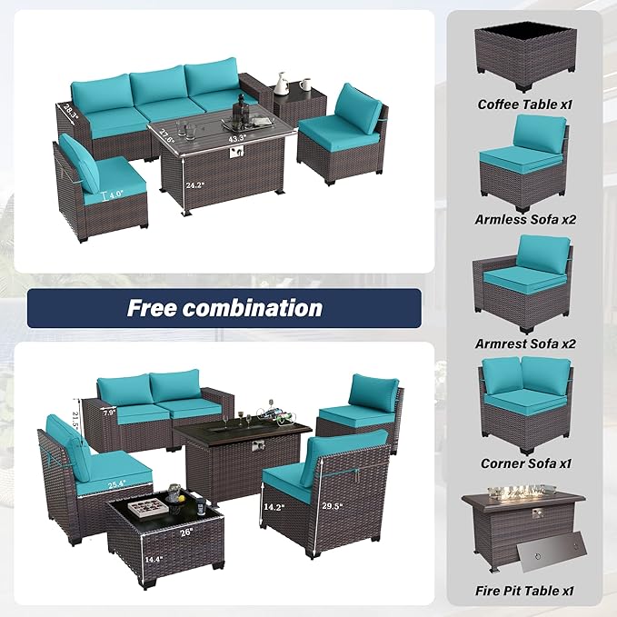 Patio Furniture Sectional Sofa Set 7 Pieces PE Rattan Outdoor Furniture w/43in Gas Fire Pit Table, Patio Conversation Set with 55000 BTU Propane Fire Pit, Blue