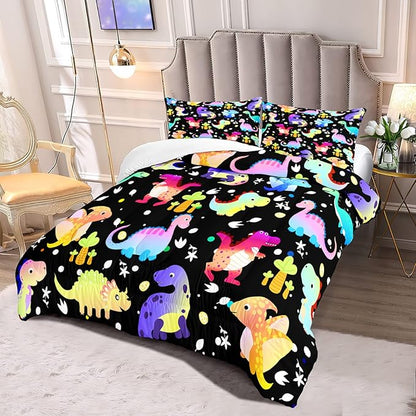 Dinosaur Comforter Set Full Size Cartoon Dinosaur Bedding Set Soft Microfiber Full Dinosaur Quilt Set 3 Piece Cute Dinosaurs Print Comforter Sets for Boys/Girls/Kids/Teens Room Decor