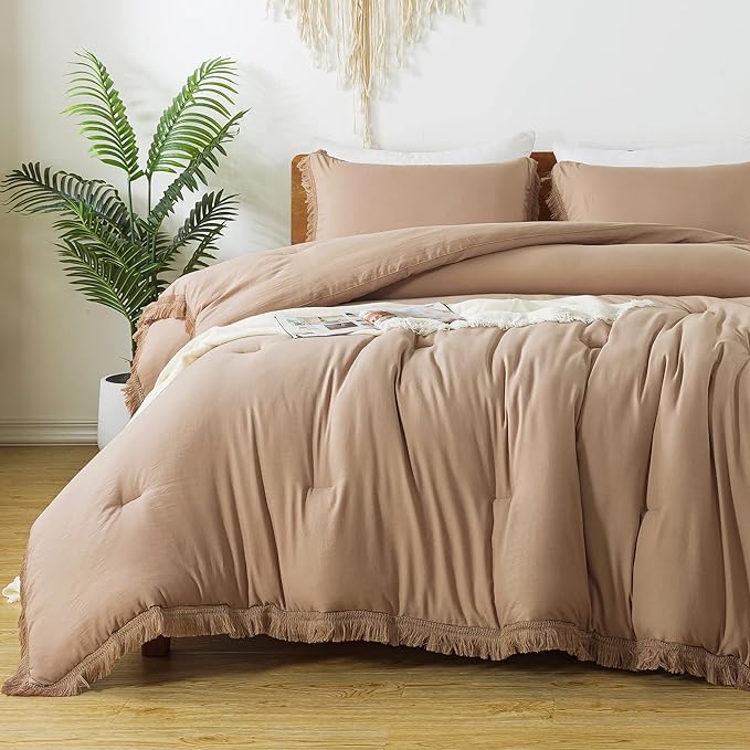 Andency Taupe Comforter Set Full Size, 3 Pieces Boho Tassel Lightweight Bedding Comforter Sets, Tan All Season Soft Fluffy Fringe Bed Set (79x90In Comforter & 2 Pillowcases)
