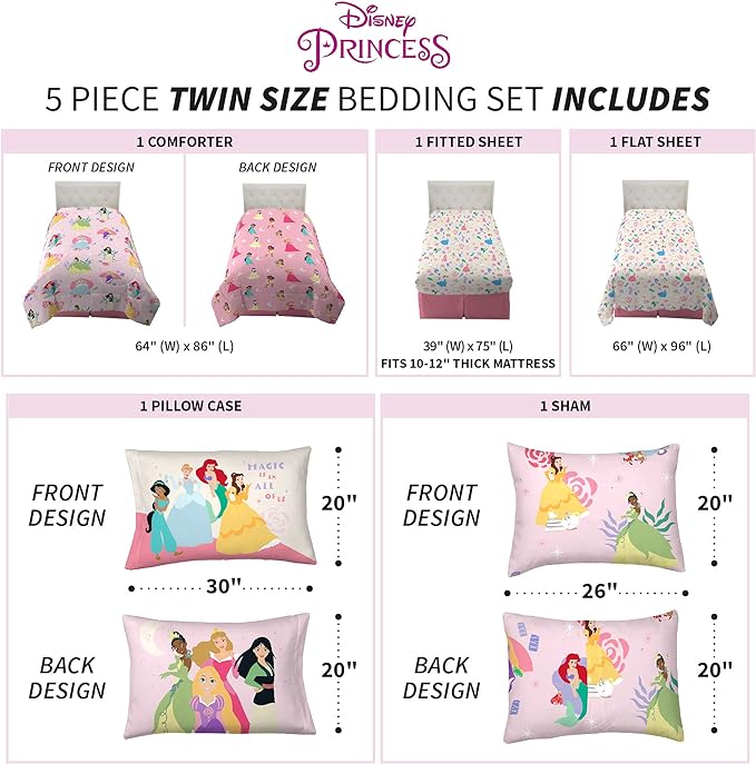 Franco Kids Bedding Super Soft Comforter and Sheet Set with Sham, 5 Piece Twin Size, Disney Princess