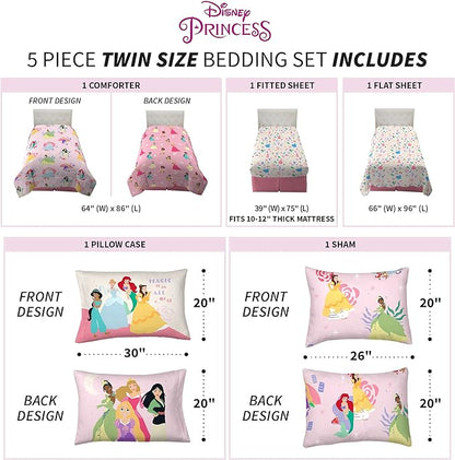 Franco Kids Bedding Super Soft Comforter and Sheet Set with Sham, 5 Piece Twin Size, Disney Princess