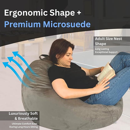 Bean Bag Chair Cover (No Filler) | Bird's Nest Shape | Adult Size | Microsuede | Stuffed Animal Storage for Kids Or Memory Foam| Double Stitched | Durable Zipper | Soft Premium