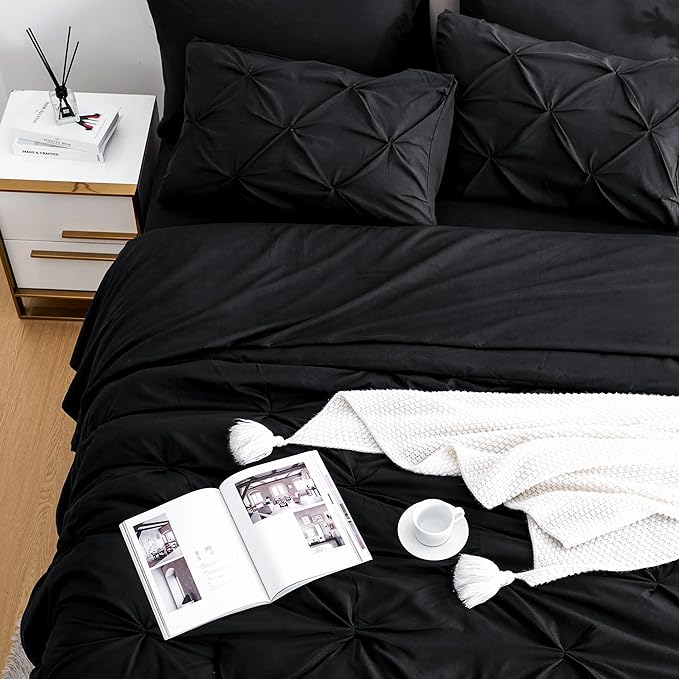 Ubauba 7pc Full Size Comforter Set with Sheets, Pinched Pleat 7 Piece Bed in a Bag Black Bed Set with Comforter, All Season Pintuck Bedding Sets (Black,Full)