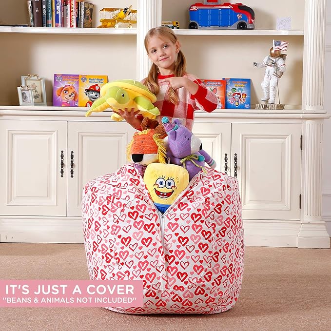 Aubliss Stuffed Animal Bean Bag Storage Chair, Beanbag Covers Only for Organizing Plush Toys, Turns into Bean Bag Seat for Kids When Filled, Large 38"-Canvas Pattern Heart