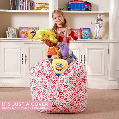 Aubliss Stuffed Animal Bean Bag Storage Chair, Beanbag Covers Only for Organizing Plush Toys, Turns into Bean Bag Seat for Kids When Filled, Medium 32"-Canvas Pattern Heart