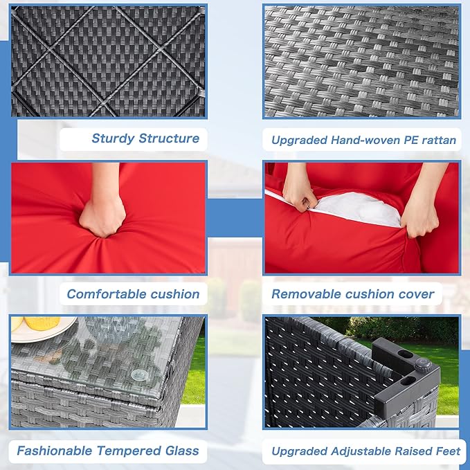 Shintenchi 5 Pieces Outdoor Patio Sectional Sofa Couch, Silver Gray PE Wicker Furniture Conversation Sets with Washable Cushions & Glass Coffee Table for Garden, Poolside, Backyard (Red)