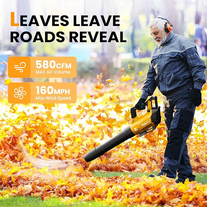 Leaf Blower Cordless, 580CFM/160MPH & 3 Speed Levels, Electric Cordless Leaf Blower with 2 * 4.0Ah Battery Powered, Blowers for Lawn Care, Blower with Extension Nozzle