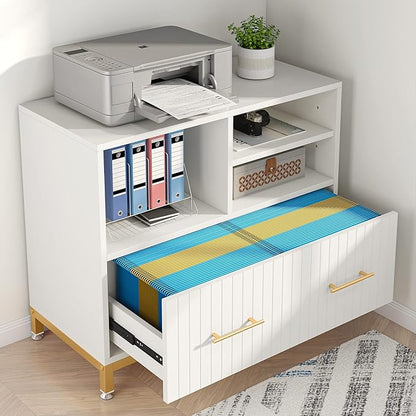 White Lateral File Cabinet with Drawer, 35.4" Modern Filing Cabinet with Adjustable Hanging Rod for Legal/Letter/A4 Size Files, Wood Printer Stand with Open Storage Spaces for Home Office