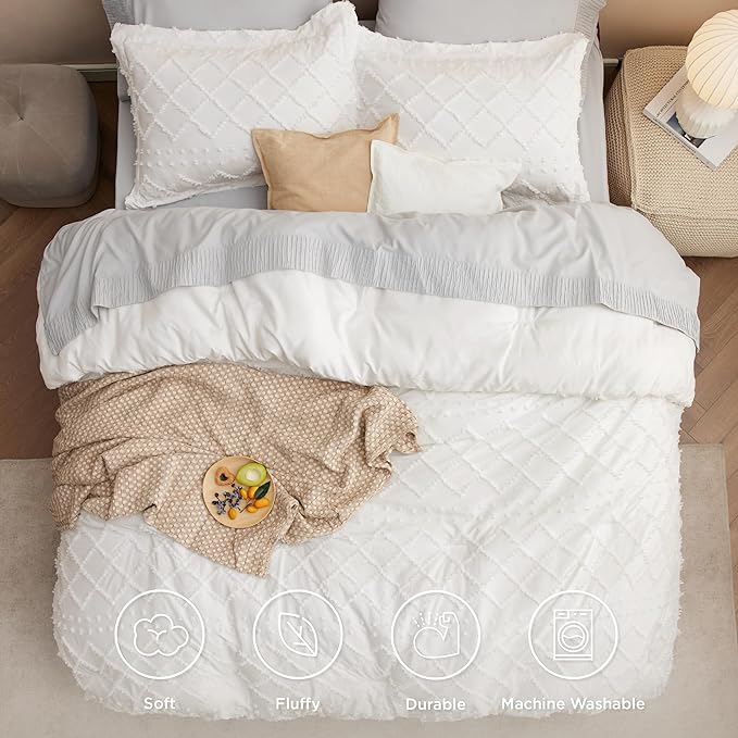 Bedsure Twin/Twin XL Comforter Set - Ivory Boho Twin Extra Long Comforter Set for College, Shabby Chic Dorm Bedding Set, 2 Pieces Modern Farmhouse Bed Set, includes 1 Pillow Sham