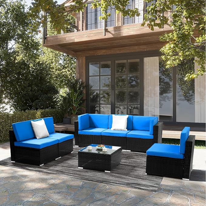 Outvita OutdoorRattan Conversation Set, 7 Pieces PE Rattan Sofa Wicker Patio Furniture Sets with Waterproof Soft Cushion for Backyard Porch Garden Poolside (Black & Blue)