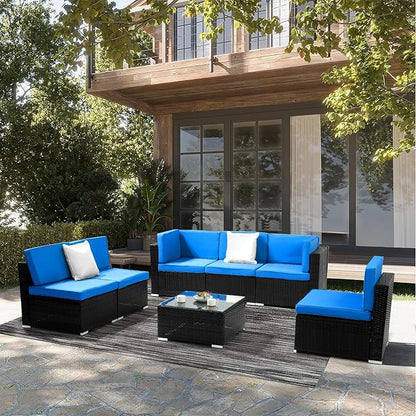 Outvita OutdoorRattan Conversation Set, 7 Pieces PE Rattan Sofa Wicker Patio Furniture Sets with Waterproof Soft Cushion for Backyard Porch Garden Poolside (Black & Blue)