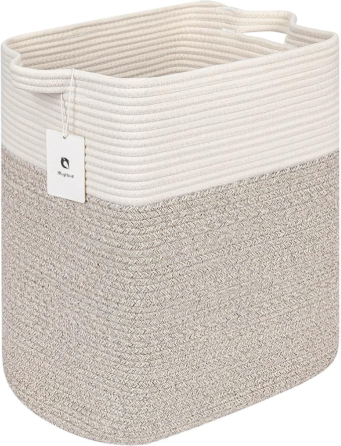 Toy Storage Baskets for Clothes Fabric Cotton Rope Storage Basket with Handles, Decorative Woven Basket for Living Room,Closet Organizer Blankets, and Toys (White Brown 2bags)