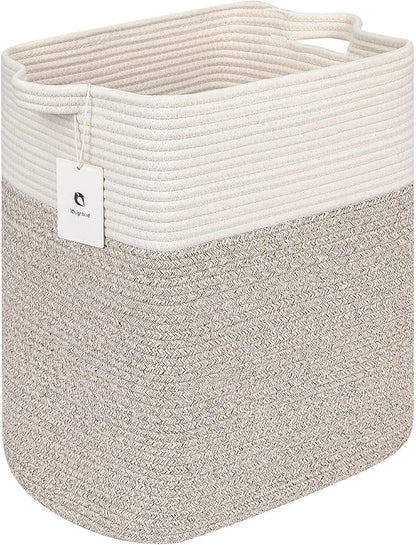 Toy Storage Baskets for Clothes Fabric Cotton Rope Storage Basket with Handles, Decorative Woven Basket for Living Room,Closet Organizer Blankets, and Toys (White Brown 2bags)