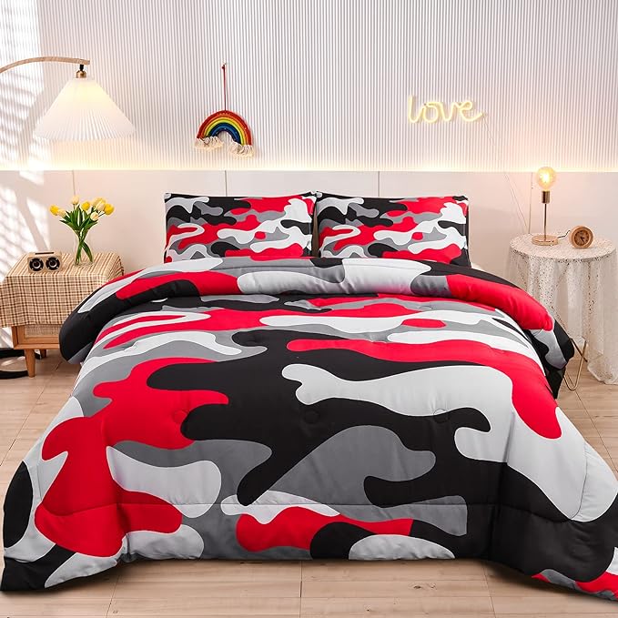 Meeting Story Camouflage Bedding Set, Colorful Pattern Style Comforter Set, 3 PCS One Comforter and Two Pillowcases in One Bag, All Season Bedspread for Boys Teens Adults (Black, Full)