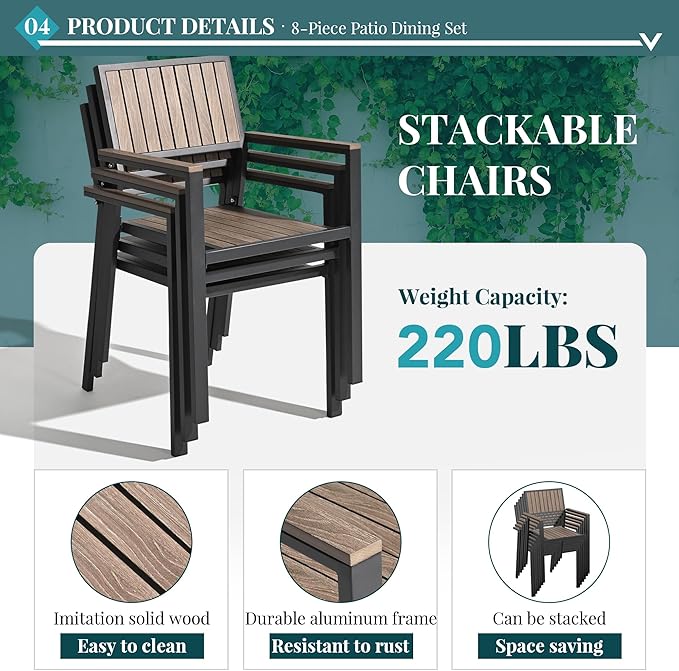 Pamapic 8-Piece Patio Dining Set，Outdoor Aluminum Furniture Set with Plastic-Wood Table Top,Outdoor Furniture Set with 6 Outdoor Stackable Chairs for Patio Garden Poolside，Walnut
