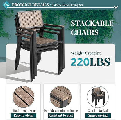 Pamapic 8-Piece Patio Dining Set，Outdoor Aluminum Furniture Set with Plastic-Wood Table Top,Outdoor Furniture Set with 6 Outdoor Stackable Chairs for Patio Garden Poolside，Walnut