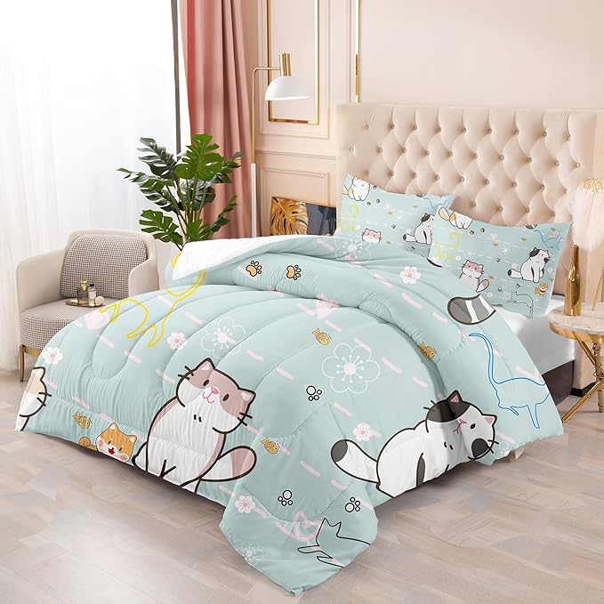 Cartoon Cat Bedding Set, Girls Super Soft Comforter Set Queen Size, Cute Cats Printed Quilt for Kids Teen, Lovely Blue Microfiber Comforter for All Season 3Pcs with Pillowcases