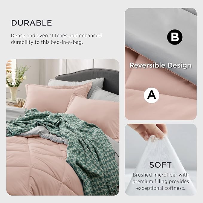 Bedsure Blush Pink California King Size Comforter Set - 7 Pieces Reversible Cal King Bed in a Bag Bed Set with Comforters, Sheets, Pillowcases & Shams, California King Bedding Sets