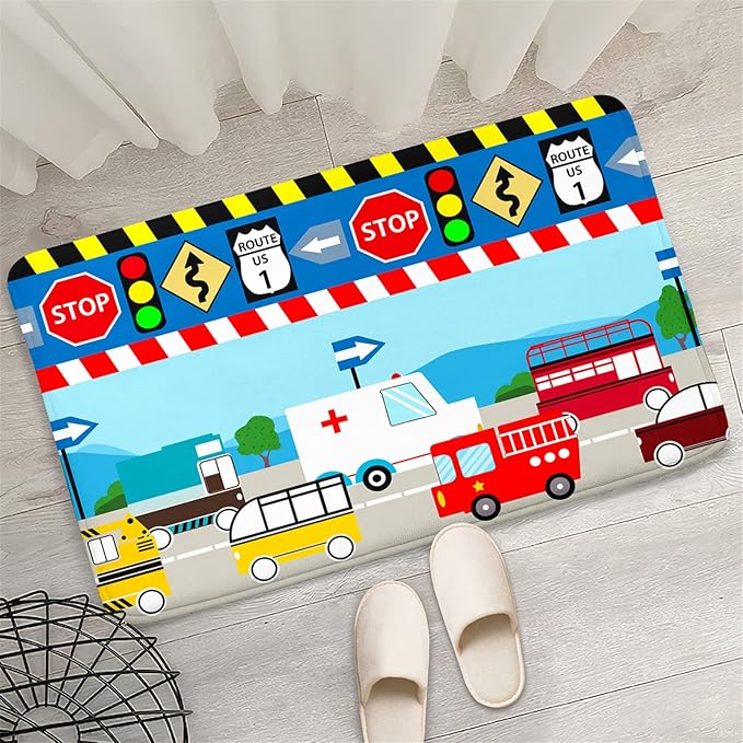Cartoon Ambulance Car Area Rug Car Carpet for Kids Play Rug for Cars and Trucks Car Rug Play Mat Car Track Rug Truck Rugs for Boys Room Rugs for Boys Bedroom,Light Blue 2'×3'