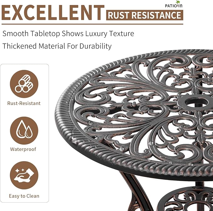 3 Piece Patio Furniture Dining Set Aluminum Patio Bistro Set Outdoor Furniture with Umbrella Hole for Yard, Balcony, Bronze