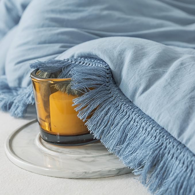 Andency Grayish Blue Comforter Set Queen Size, 3 Pieces Boho Tassel Lightweight Bedding Comforter Sets, All Season Soft Fluffy Fringe Bed Set (90x90In Comforter & 2 Pillowcases)