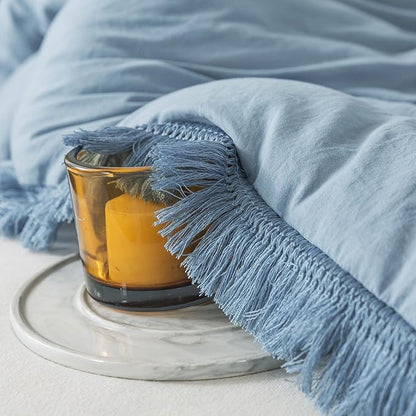 Andency Grayish Blue Comforter Set California King, 3 Pieces Boho Tassel Lightweight Bedding Comforter Sets, All Season Soft Fluffy Fringe Bed Set (104x96In Comforter & 2 Pillowcases)