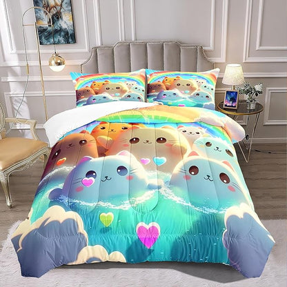 Queen Cat Comforter Set, Girls Kawaii Cat Bedding Sets, 1 Comforter+2 Pillowcases, Microfiber, Printed, Modern Style, 3 Pieces