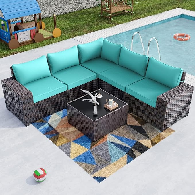 Kullavik 6PCS Outdoor Patio Furniture Set PE Wicker Rattan Sectional Sofa Patio Conversation Sets,Blue