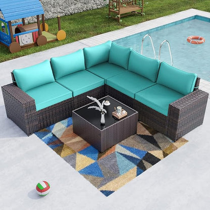 Kullavik 6PCS Outdoor Patio Furniture Set PE Wicker Rattan Sectional Sofa Patio Conversation Sets,Blue