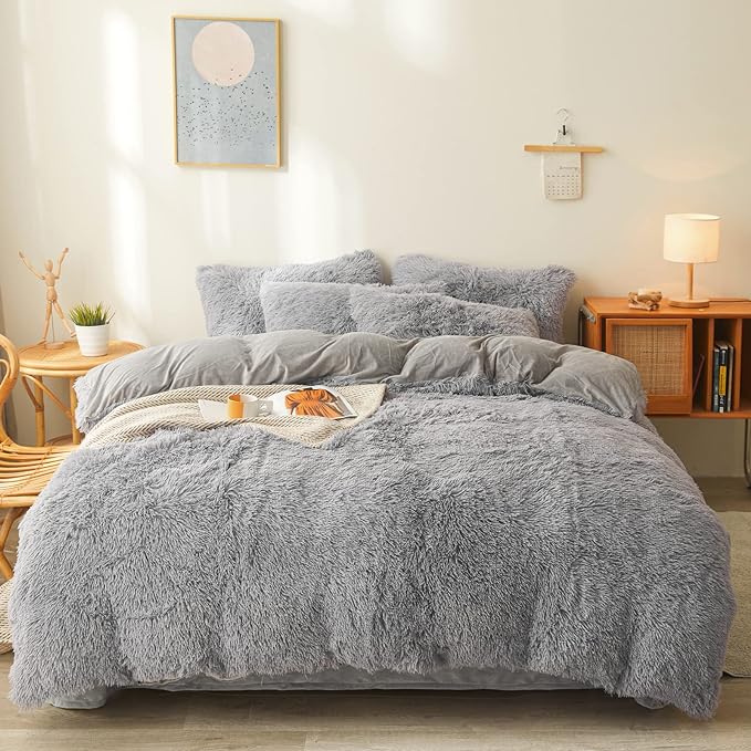 FOPPA Gray Fuzzy Plush Comforter Cover Set Queen - Ultra Soft Plush Gray Bedding Sets 3 Pieces (1 Faux Fur Duvet Cover + 2 Shaggy Pillow case) Fluffy Bed Set (Gray, Queen)