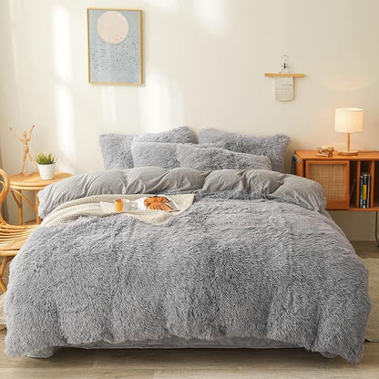 FOPPA Gray Fuzzy Plush Comforter Cover Set Queen - Ultra Soft Plush Gray Bedding Sets 3 Pieces (1 Faux Fur Duvet Cover + 2 Shaggy Pillow case) Fluffy Bed Set (Gray, Queen)