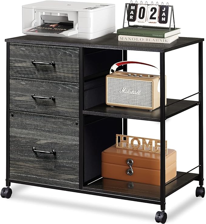 DEVAISE 3 Drawer Mobile File Cabinet, Rolling Printer Stand with Open Storage Shelf, Fabric Lateral Filing Cabinet fits A4 or Letter Size for Home Office, Charcoal Black Wood Grain Print