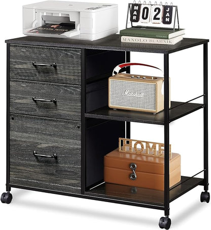 DEVAISE 3 Drawer Mobile File Cabinet, Rolling Printer Stand with Open Storage Shelf, Fabric Lateral Filing Cabinet fits A4 or Letter Size for Home Office, Charcoal Black Wood Grain Print
