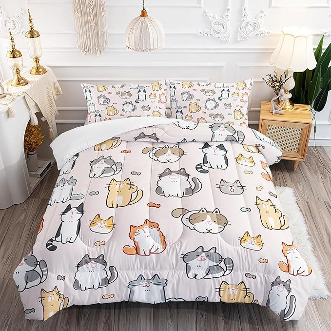 Kids Cute Cat Comforter Set Queen Size 3Pcs Cartoon Pet Cat Fishing Bedding Set Lovely Animal Quilt Bed Set for Children Girls Boys Room Decor