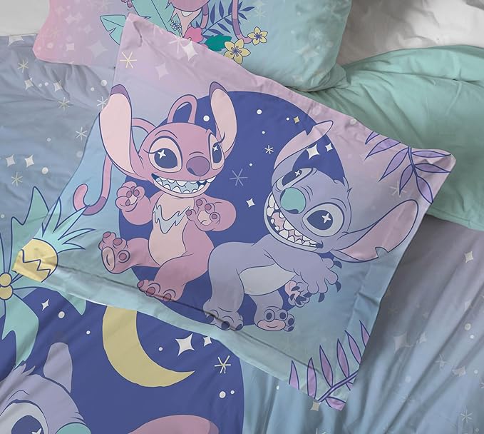 Disney Lilo and Stitch Twin Size Comforter Set - 5 Piece Floral Bedding includes Sheet Set & Pillow Covers Features Angel - Super Soft Purple & Teal Stars Kids Bedding
