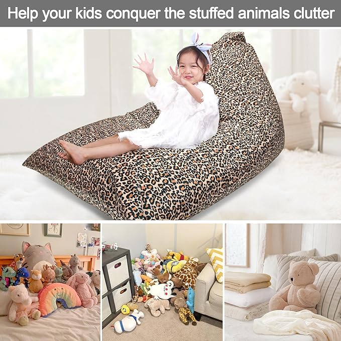 Jorbest Stuffed Animal Storage Bean Bag Chair Cover for Kids and Adults, Bean Bag Stuffed Animal Storage, Luxury Velvet Leopard Print Bean Bag Covers Only without Filling, (200L/52 Gal)