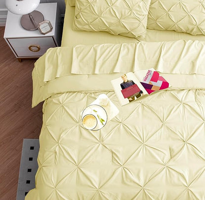 LANE LINEN Twin Comforter Set – 5 Piece Bed in a Bag – Pinch Pleated Twin Size Bedding Set with Comforter, Flat Sheet, Fitted Sheet, Pillowcase & Sham – Soft Pintuck Bed Set - Vanilla