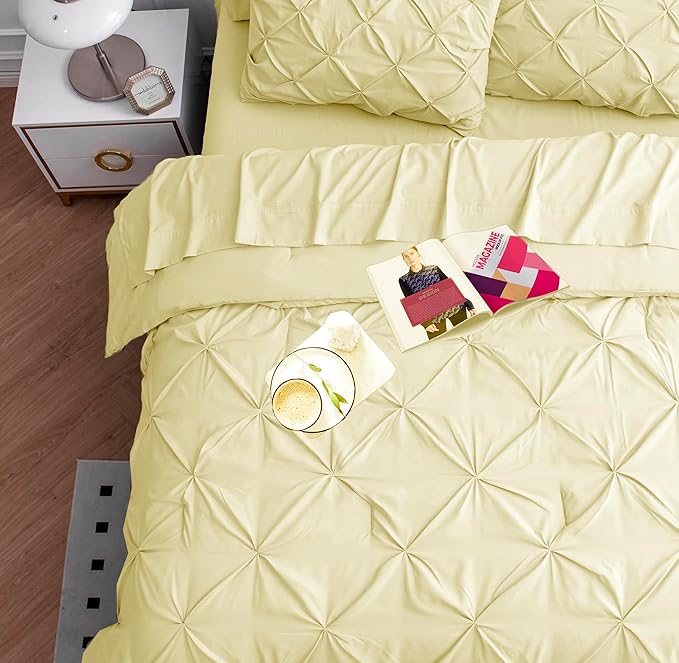 LANE LINEN King Comforter Set – 7 Piece Bed in a Bag – Pinch Pleated King Size Bedding Set with Comforter, Flat Sheet, Fitted Sheet, 2 Pillowcases & 2 Shams – Soft Pintuck Bed Set - Vanilla