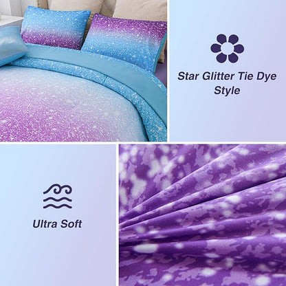A Nice Night Girls Comforter Set Twin Size 6 Piece Bed in A Bag 3D Colorful Sparkle Galaxy Rainbow Bedding Comforter Sheet Sets for Kids,BluePurple