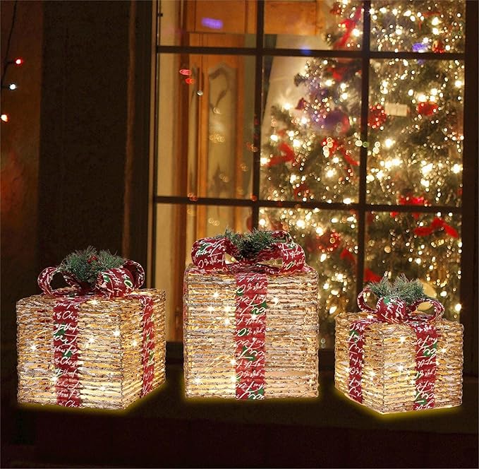 [Ultra-Large 15.5"x13.5"x11" Christmas Set of 3 Lighted Rattan Gift Boxes Decorations Pre-lit 91 Super-Bright LED with Flashers,for Indoor Outdoor Pathway Holiday Party Home(Warm White)