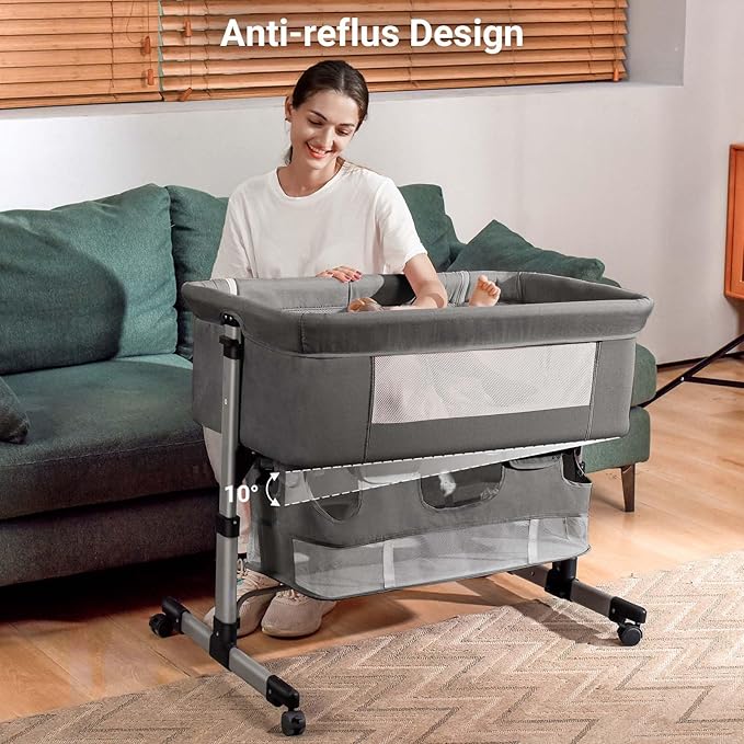 Bedside Crib,3 in 1 Baby Crib Adjustable Portable Bed for Infant,Baby Bassinet with Mosquito net Baby Newborn Must Have Bed,Grey