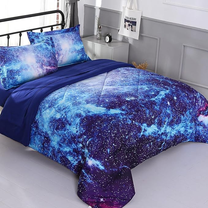Wowelife Galaxy Bedding Twin Outer Space Comforter Set 5 Pieces Blue Cosmic Galaxy Bed Set Kids Bed in A Bag Twin for Teen Boys and Girls with Comforter, Flat Sheet, Fitted Sheet and 2 Pillowcases