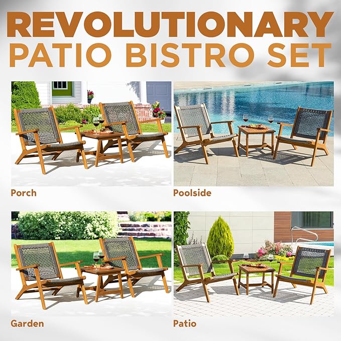 Solid Wood Rope Bistro Set of 3, Reclining Set 3