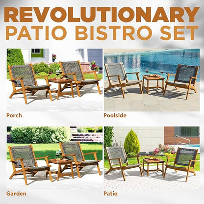 Solid Wood Rope Bistro Set of 3, Reclining Set 3