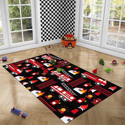 Car Play Rug Fire Fighting Truck Area Rug Car Rug Play Mat Kids Rugs for Playroomcar Rug for Boys Room Carpet Floor Mat for Bedroom Living Room,Black 4'×5'