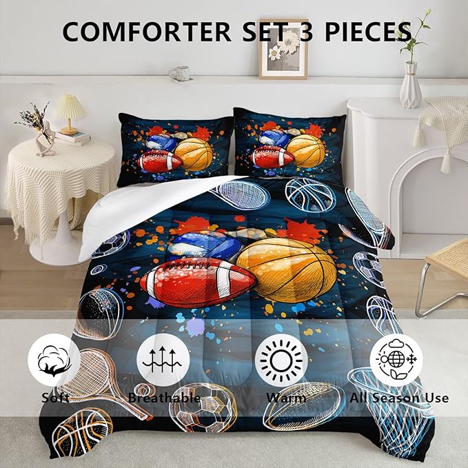 Axolotl Ball Game Bedding Set Full,Basketball Comforter Set Sports Bedding,Volleyball Comforter Set Soccer Bedding,Football Comforter Colorful Grunge Style for Kids Boys Teens,1 Quilt 2 Pillowcases