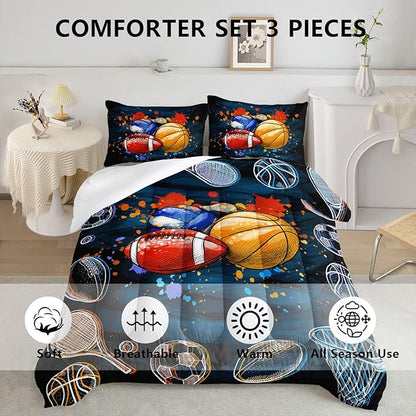 Axolotl Ball Game Bedding Set Twin,Basketball Comforter Set Sports Bedding,Volleyball Comforter Set Soccer Bedding,Football Comforter Colorful Grunge Style for Kids Boys Teens,1 Quilt 2 Pillowcases