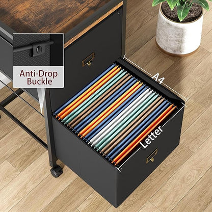 File Cabinet with 2 Drawers, Mobile Filing Cabinet Fits Letter Size or A4, Fabric Vertical File Cabinet on Wheels, File Cabinet for Home Office, Small Under Desk Storage Cabinet, Black